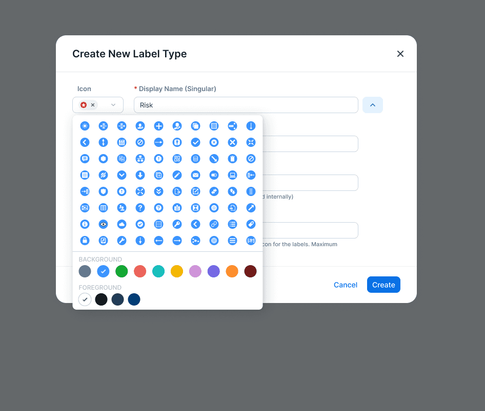 Create New Label Type modal with icon and color picker open
