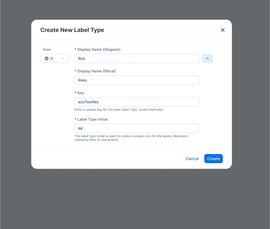 Create New Label Type modal