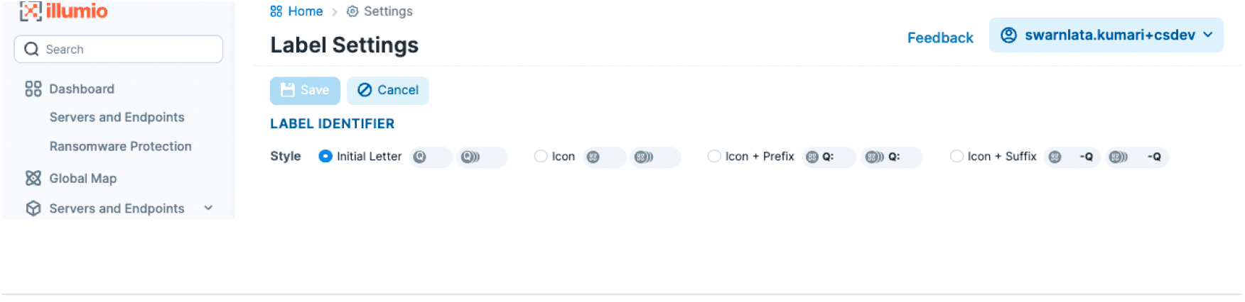 Label Settings page with Initial Letter, Icon, Icon + Prefix, and Icon + Suffix options